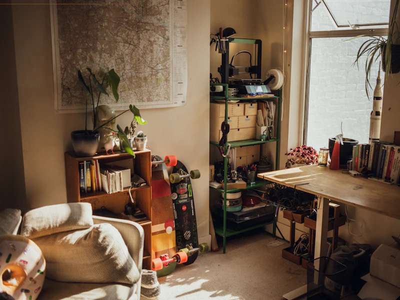 Vollgestelltes Arbeitszimmer mit Möbeln, Büchern und Regalen vor der Entrümpelung