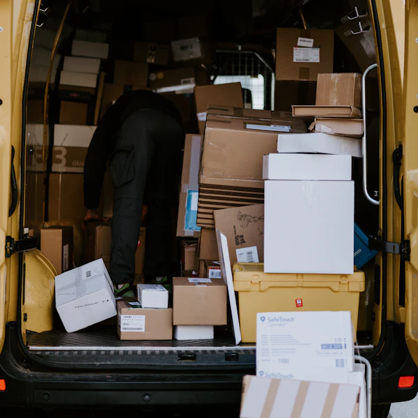 Transporter voll beladen mit Kartons und Hausrat
