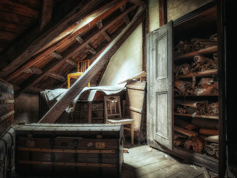 Dachboden mit alter Truhe und Schrank (vorher, Symbolbild)